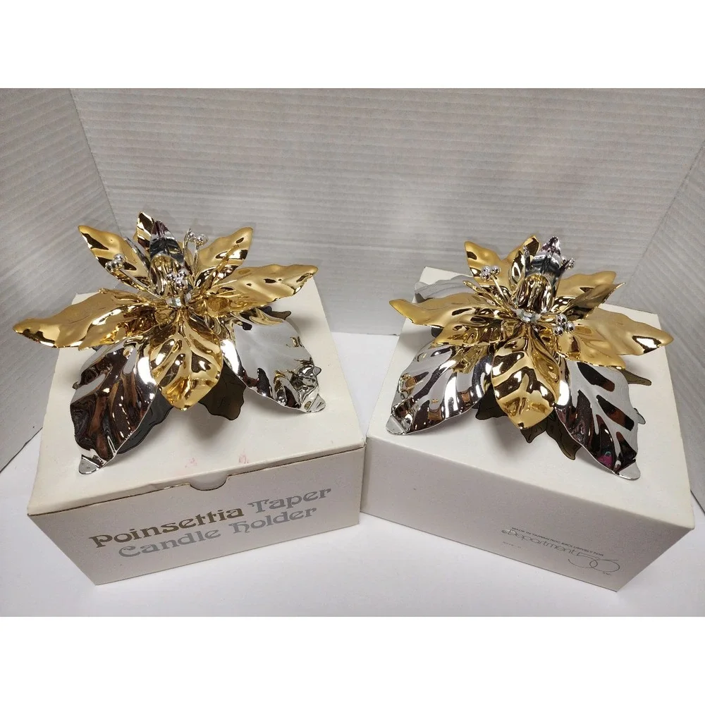 Set‎ of Two Department 56 Poinsettia Taper Candle Holders Retro Christmas Table